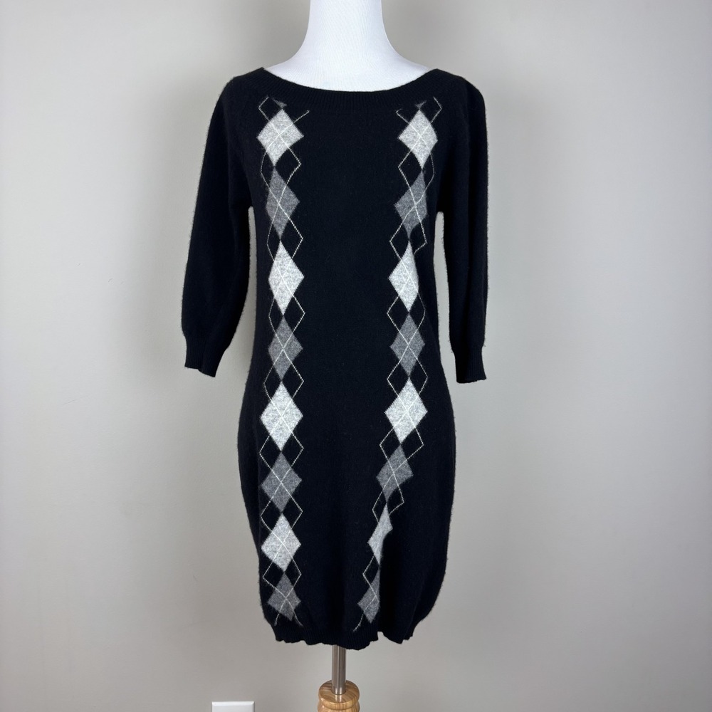 Stile Benetton Sweater Dress Medium Black Wool Knit Argyle Mini Academia Y2K M